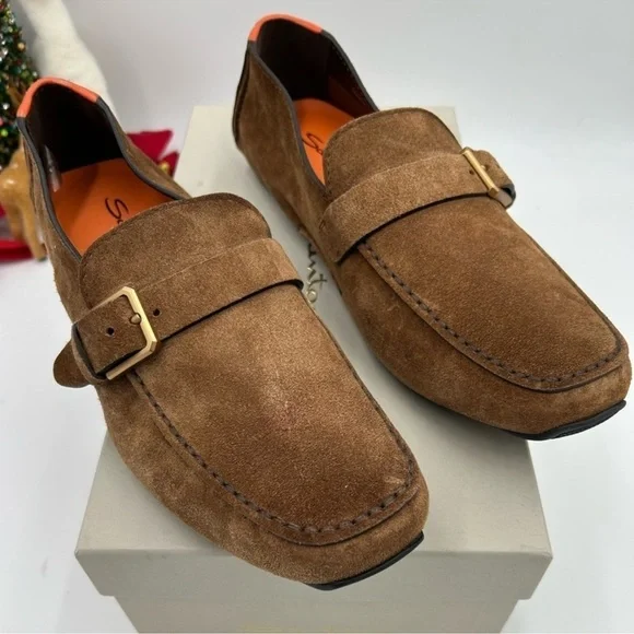 Men’s Santoni buckle detail, brown suede driver loafer size 9, made in Italy