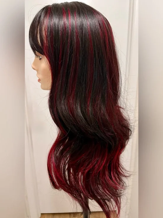 HAIR 25” Wavy Long Layers with Bangs Black Burgundy/Red Highlights