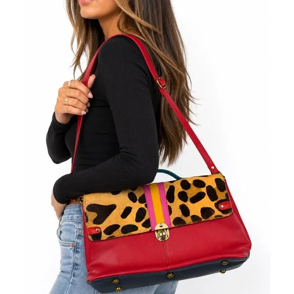 Soruka Oreleans Vintage Y2K Red Leather Leopard Print Crossbody Satchel Bag $170