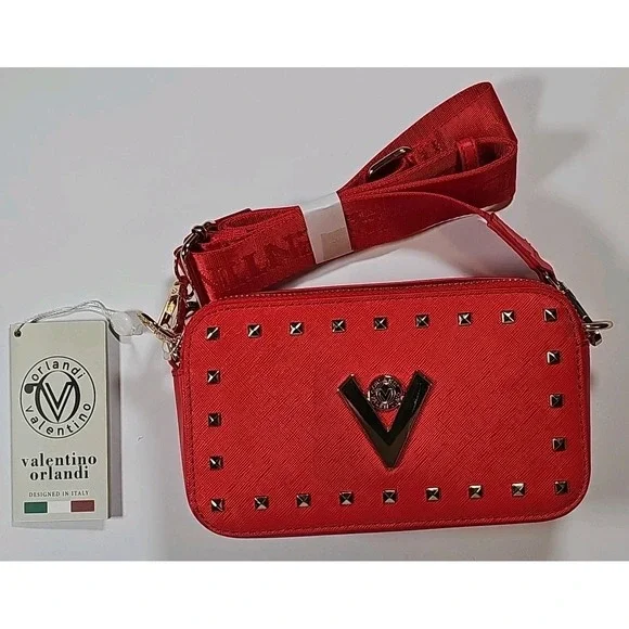 NWT VALENTINO ORLANDI ITALY RED Studded CROSSBODY BAG With Gold Accent Hardware‎