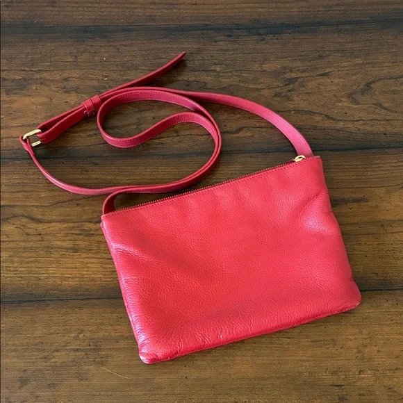 SAKS FIFTH AVENUE Red Genuine Leather Crossbody Bag Shoulder Purse‎ Three Pocket