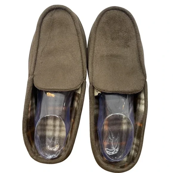 Men's Brown Moccasin Slippers Size L‎ 9-10 Faux Suede Plaid Fleece House Shoes