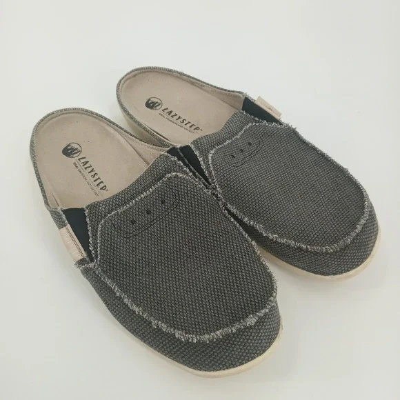 Lazystep Size 13‎ Mens Grey Canvas Slip On Loafers Backless Frayed Comfort Shoes