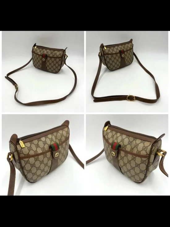 Gucci Beige GG Supreme Crossbody with Brown Leather and Web Stripe