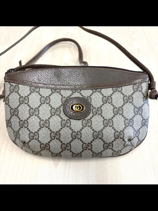 Gucci Beige/Brown Monogram Crossbody Bag with Gold-Tone GG