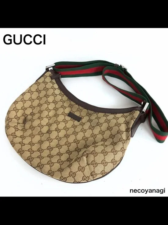 Gucci Beige Brown GG Monogram Crescent Bag with Green/Red Strap