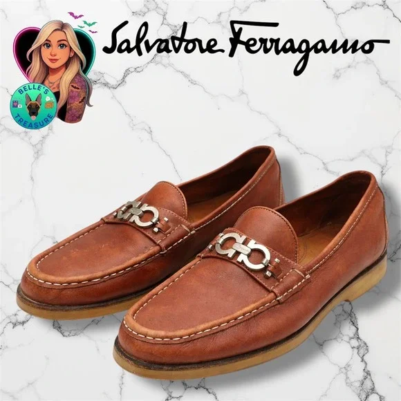Salvatore Ferragamo Mens 7D Tan Leather Gancini Bit moccasin Loafers Dress Shoes