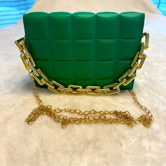Green Cassette Flap Bag‎ with Gold tone Hardware and Crossbody Strap