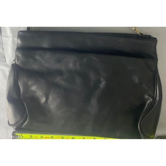 Vintage Black Leather Crossbody Bag Gold Hardware Shoulder Messenger Purse‎
