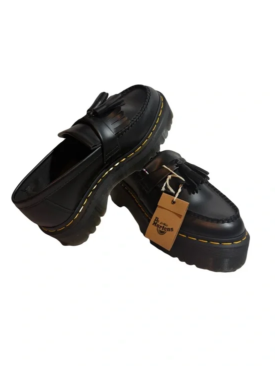 Dr. Martens Black Tassel Platform Loafers with Yellow Stitching