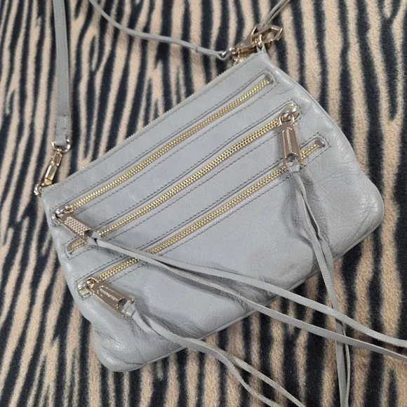 Rebecca Minkoff 5-Zip Crossbody Grey Gen Leather Moto Fringe Bag Gold Hardware