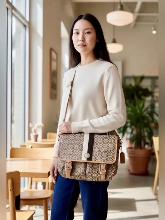 Coach Signature Canvas Crossbody Messenger in Khaki and Chalk with Brown Trim.