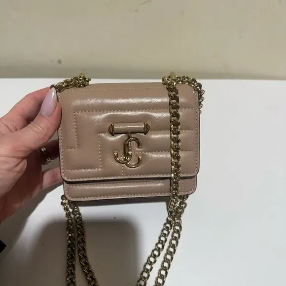 JIMMY CHOO Micro Avenue Quad Gold Chain Shoulder Bag,  New, Beige