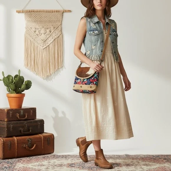 MYRA Bag Cross Body Floral Cowhide Leather Calf Hair Handcrafted Bag