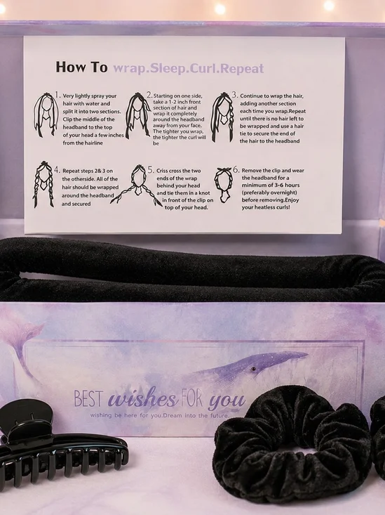 Heatless Hair Curling Set with Hair Clip & 2 Scrunchies – Black – New