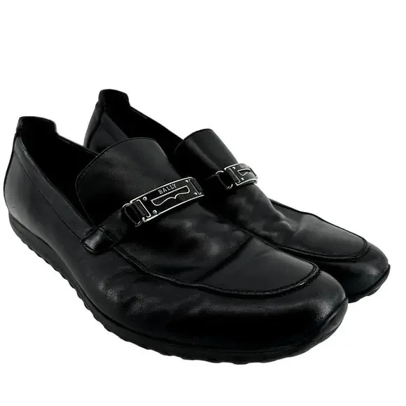 Bally Roquat Logo Plaque Loafers Slip On Almond Toe Classic Leather Black US 12