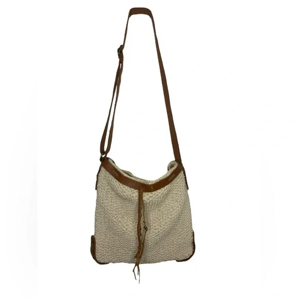 Lucky Brand Woven Cotton and Leather Stylish Tan and Brown Boho Crossbody Bag