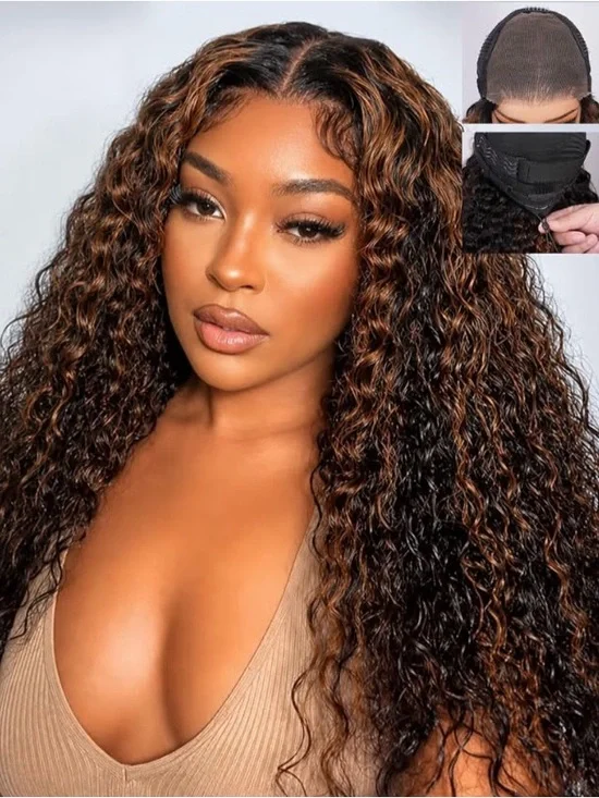 Deep Curly 13x4 Lace Front Wig in Dark Brown with Caramel Highlights