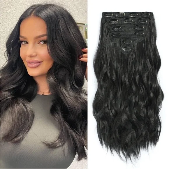 New Clip-in Black Hair Extensions 6PCS Thick Double Weft Wavy 20