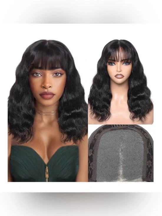 Black Wavy Lace Front Wig with Bangs - Natural‎ Shine