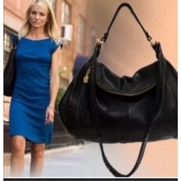 Black Leather‎ Hobo Shoulder Bag with Tassel, Braided Strap Detail