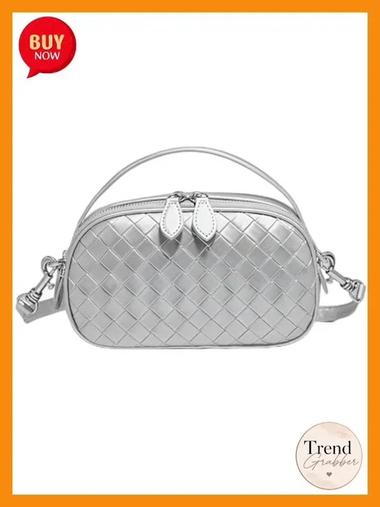 Woven Cowhide Leather Crossbody Bag Mini Dome Shoulder Purse Dual Zipper