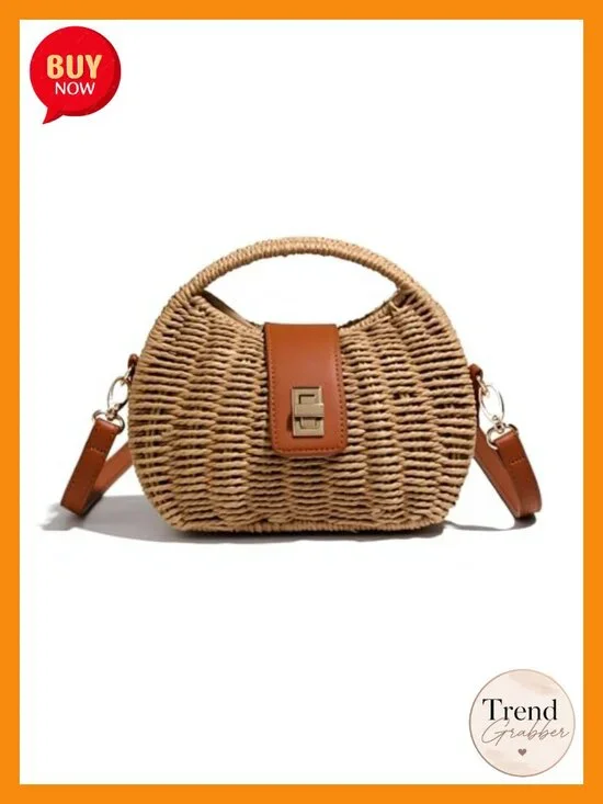Woven Straw Crossbody Bag with PU Flap | Top Handle Rattan Handbag for Beach