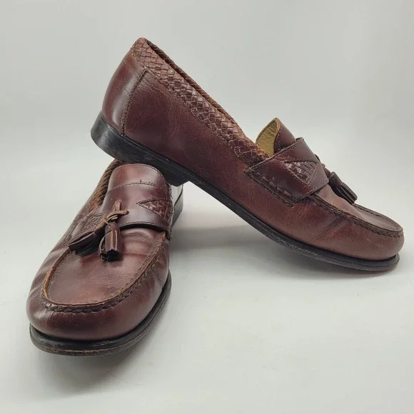 Johnston Murphy Mens 10M Brown Leather Tassel Loafers Woven Trim‎ Dress Shoes