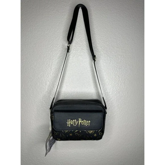 NEW Harry Potter Crossbody Bag Adults Small Black Faux Leather Logo Gold Icons