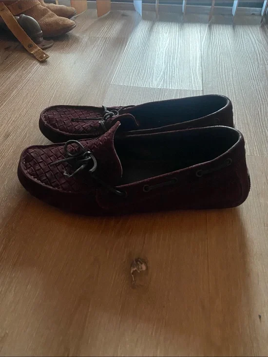 Bottega Veneta Burgundy Woven Suede Slip-On Loafers