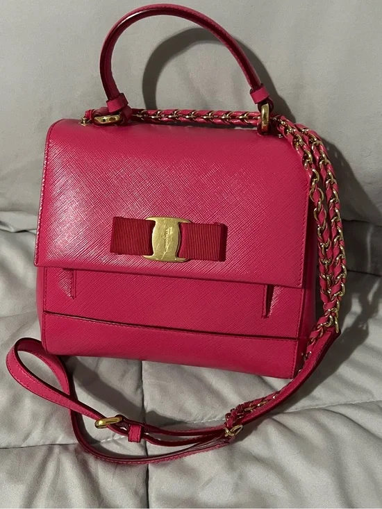 Salvatore Ferragamo Hot Pink Saffiano Leather Top-Handle Satchel with Vara Bow