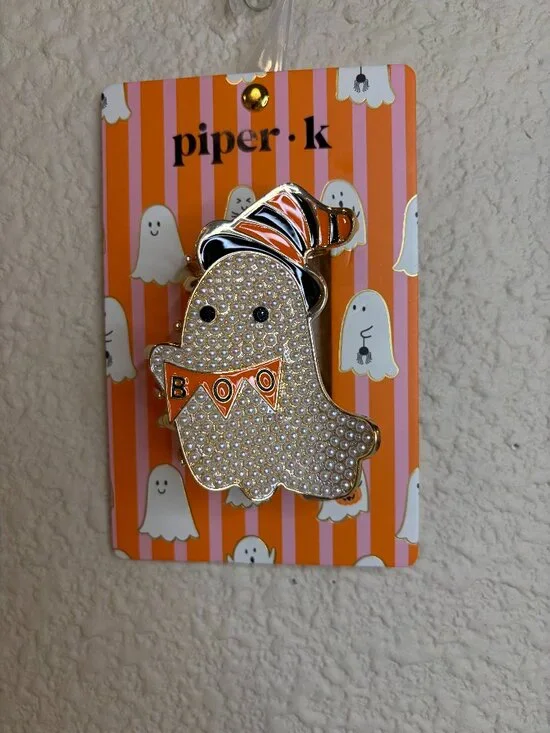 Piper K Pearl Ghost Hair Clip Halloween Boo Orange Bow Spooky NWT