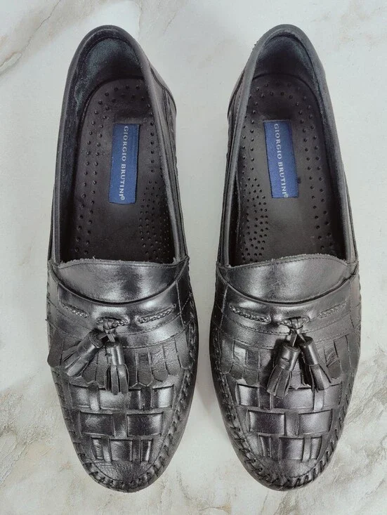 Giorgio Brutini Men's Antigua Black Leather Woven Tassel Loafer Dress Shoes, 11