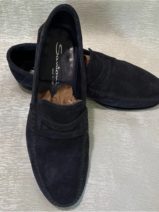 Santoni Men's Dark Navy Suede Penny Loafers Sz 10D