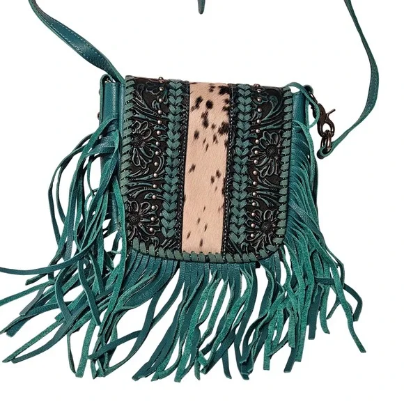 Montana West Crossbody Bag Small Teal Tooled Leather Cowhide Fringe Western