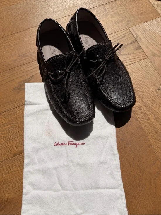 Salvatore Ferragamo Brown Ostrich Leather Moccasin Loafers with Lace Tie