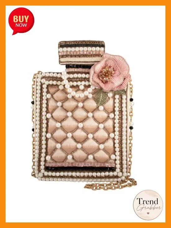 Hand Beaded Pearl Essence Perfume Bottle Crossbody Clutch with Removable Chain