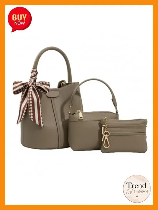 3-Piece Bucket Bag Set with Makeup Pouch & Coin Purse, Vegan Leather, Crossbody