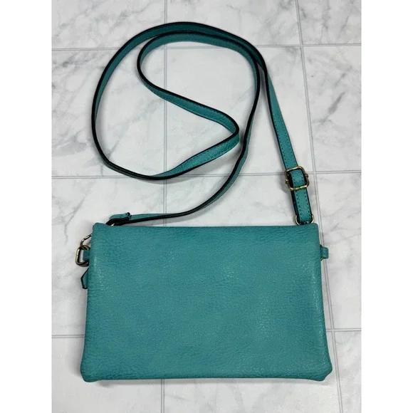 Joy Susan Teal Vegan Leather Crossbody Bag Organizer Wallet Clutch Teal Blue
