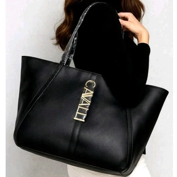 Cavalli Class Sandra Shopper Tote Bag Womens Black Onyx Shoulder Purse Sleek NEW