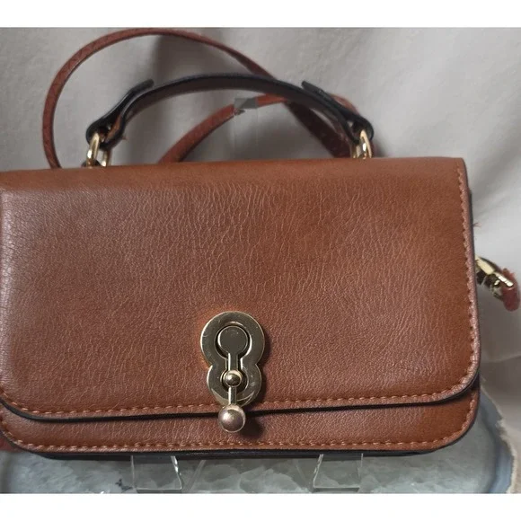 Crossbody Brown Gold Hardware Top Handle Satchel with Detachable Strap & Clasp