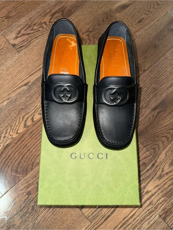Gucci Black Leather GG Embossed Men’s Slip-On Loafers