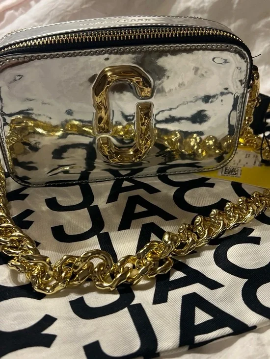 Marc Jacobs Silver Metallic Camera Crossbody with Gold Chain Accents