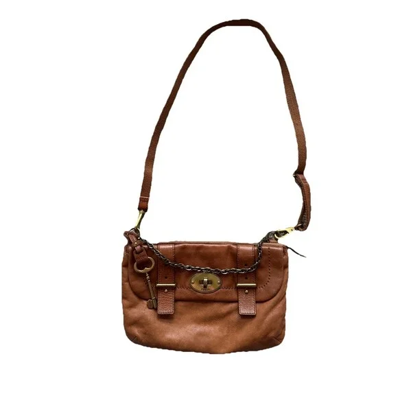 Fossil Issue 54 Brown‎ Leather Messenger Bag Crossbody Charm Satchel Chain Purse