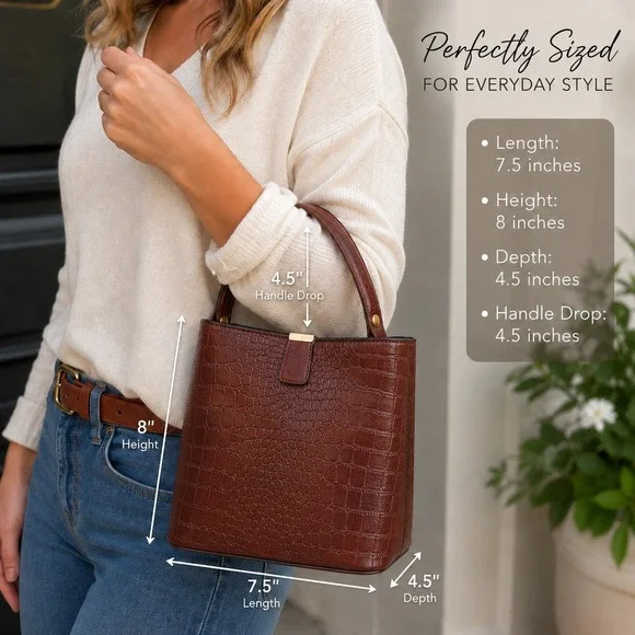 Cognac Brown Croc Embossed Vegan Leather Bucket Bag Crossbody Handbag Gold