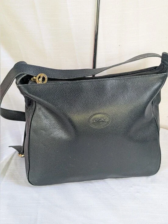 Longchamp Vintage Dark Blue Crossbody Bag with Gold Zipper Pull