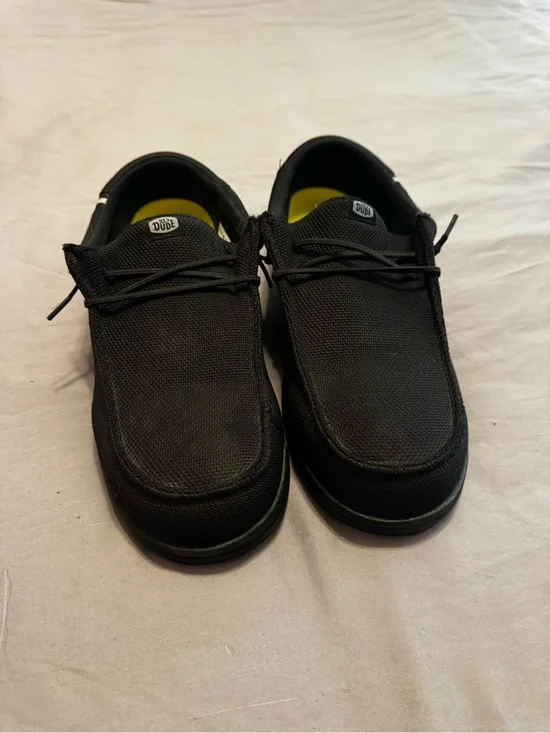 Black steel toe Hey Dudes, work shoes