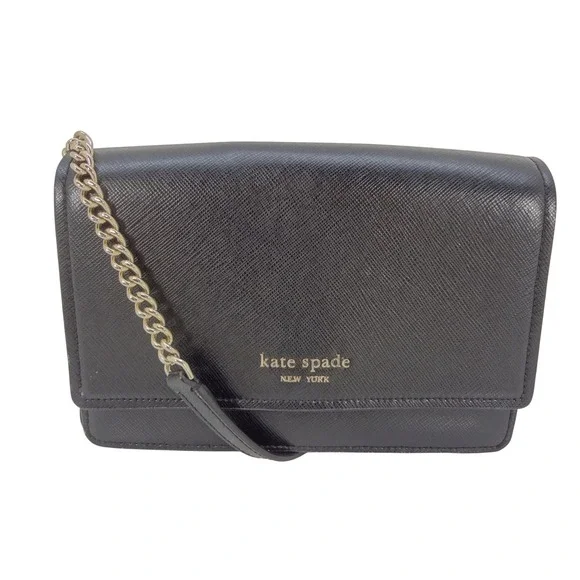 Kate Spade New York Black‎ Saffiano Leather Crossbody Wallet on Chain Bag Gold