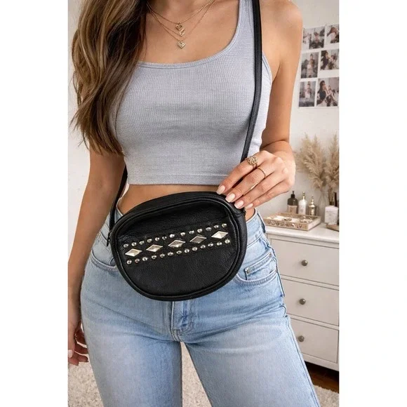 Vintage Leather Western‎ Round Mini Crossbody Bag Black Studded Biker Southwest