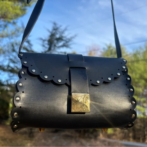 Furla Black Scalloped Leather Crossbody Bag with Gold‎ Hardware